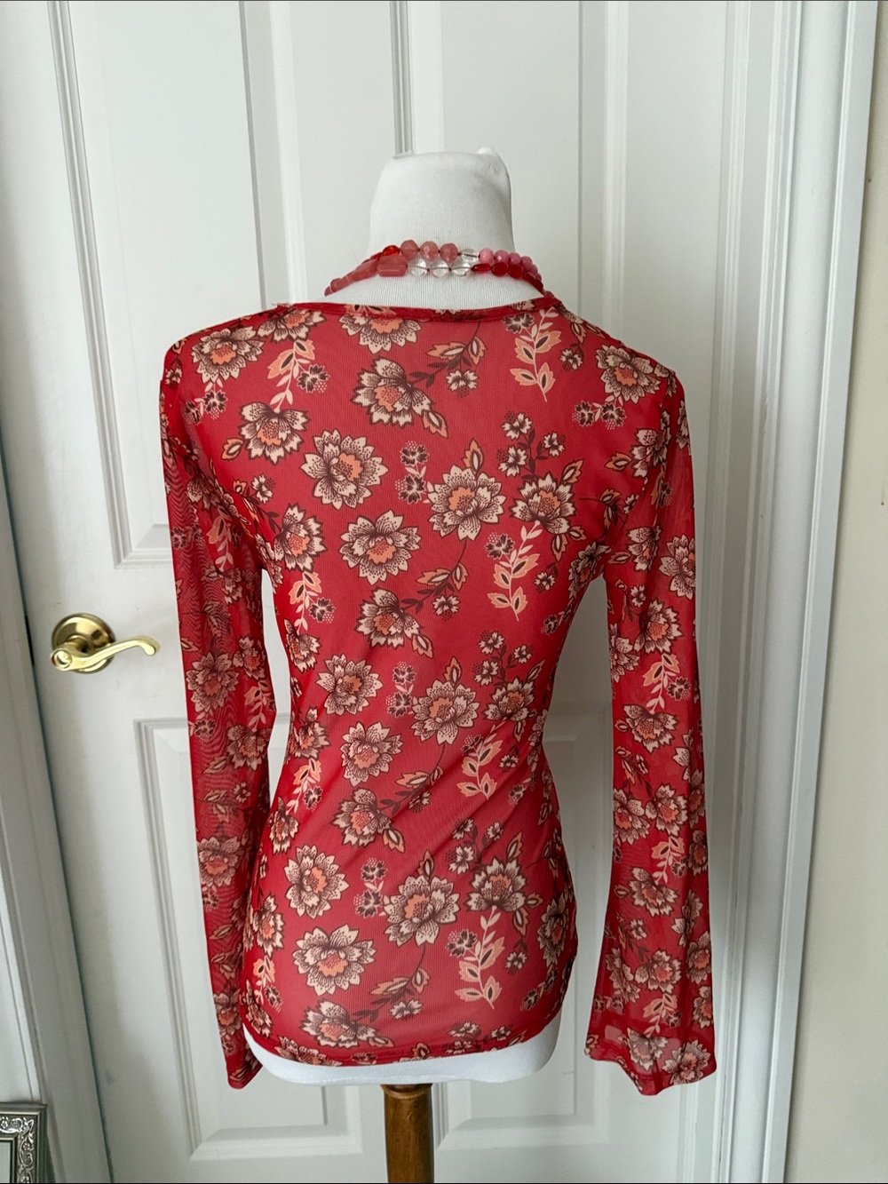 Sheer Red Floral Button-Front Women’s Top - Picture 3 of 4